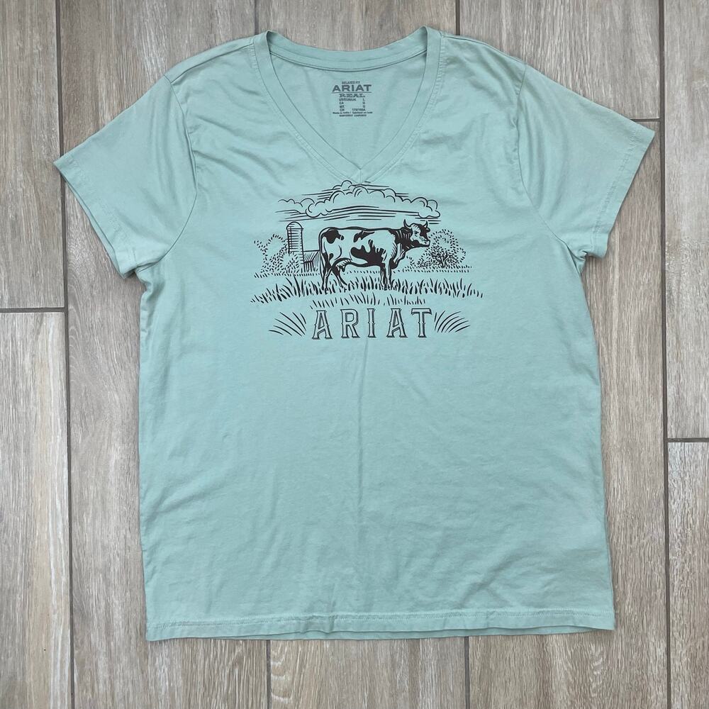 Ariat Serene Tee Women's Large Mint Green Graphic Cow Ranch Western T Shirt